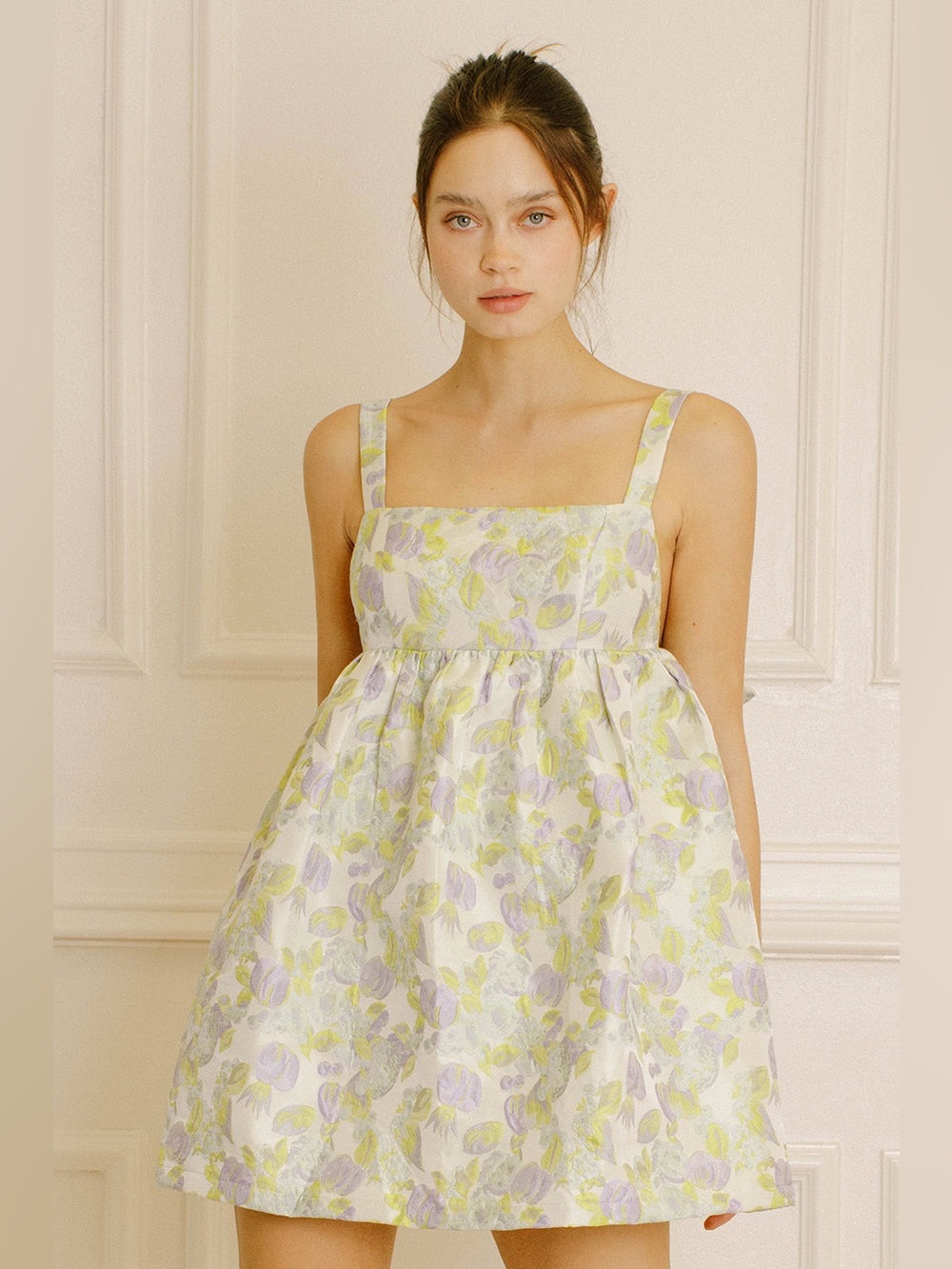 Storia Brocade Floral / Leaf Print Ribbon Strap Detail A-Line Babydoll Dress S